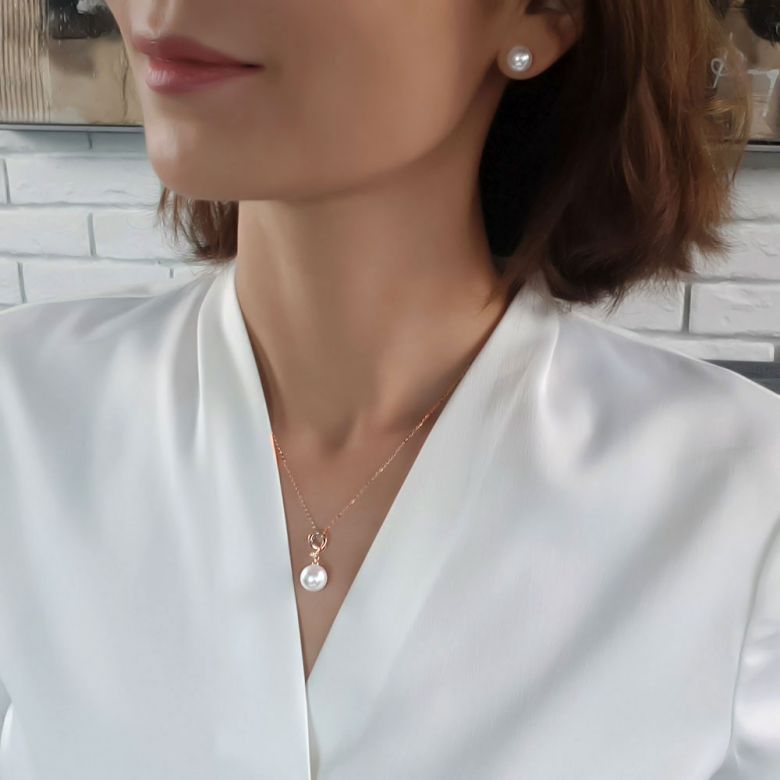 Pendentif chiffre 9 - Perle d'eau douce blanche - Or rose, diamant - 6