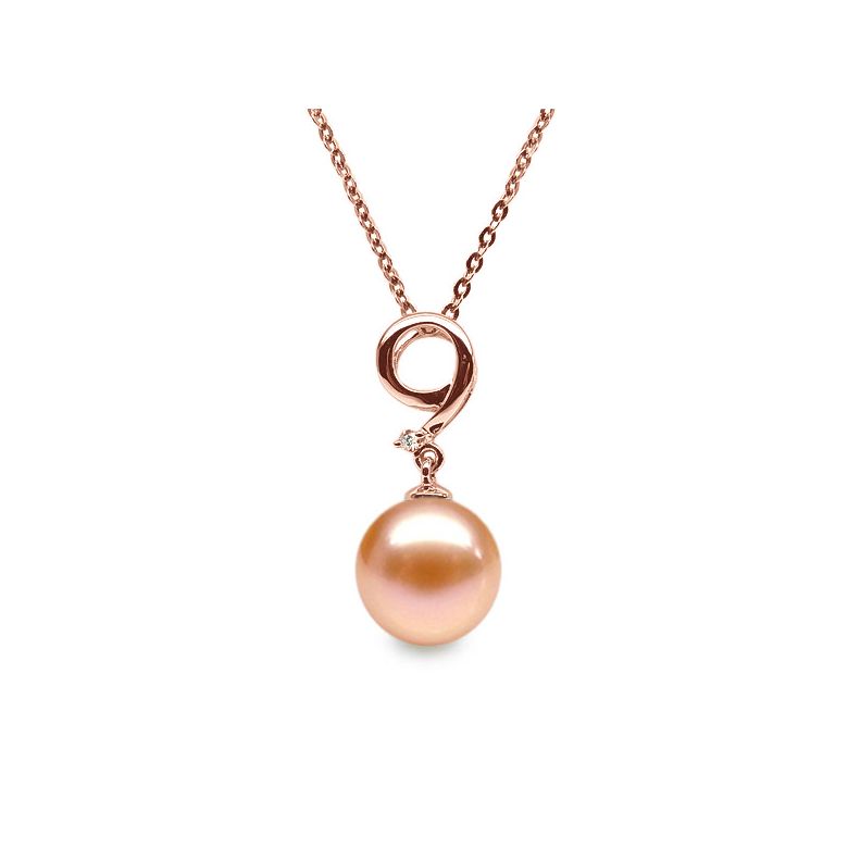 Pendentif chiffre 9 - Perle d'eau douce blanche - Or rose, diamant - 9