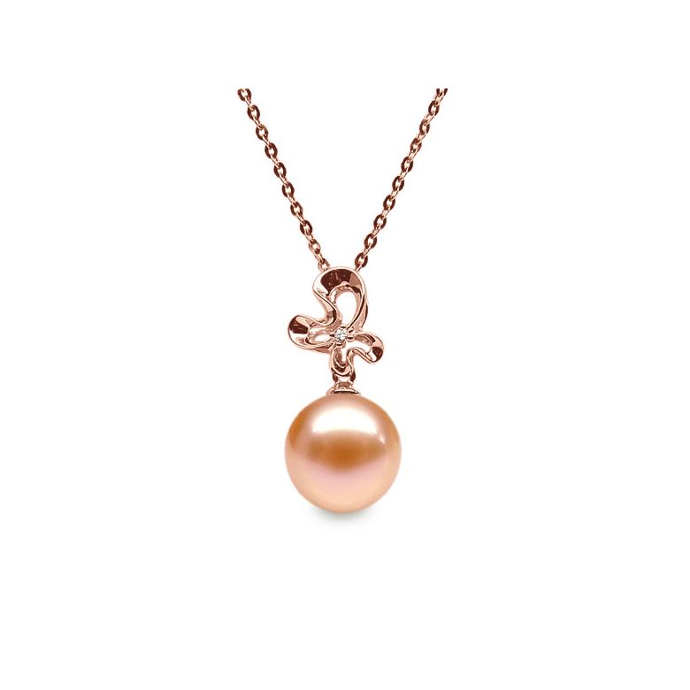 Pendentif perle fleur sauvage - 3 pétales en or rose - Diamant - 4