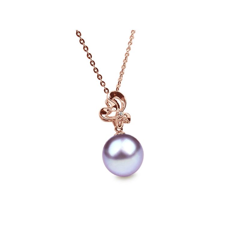 Pendentif perle fleur sauvage - 3 pétales en or rose - Diamant - 7