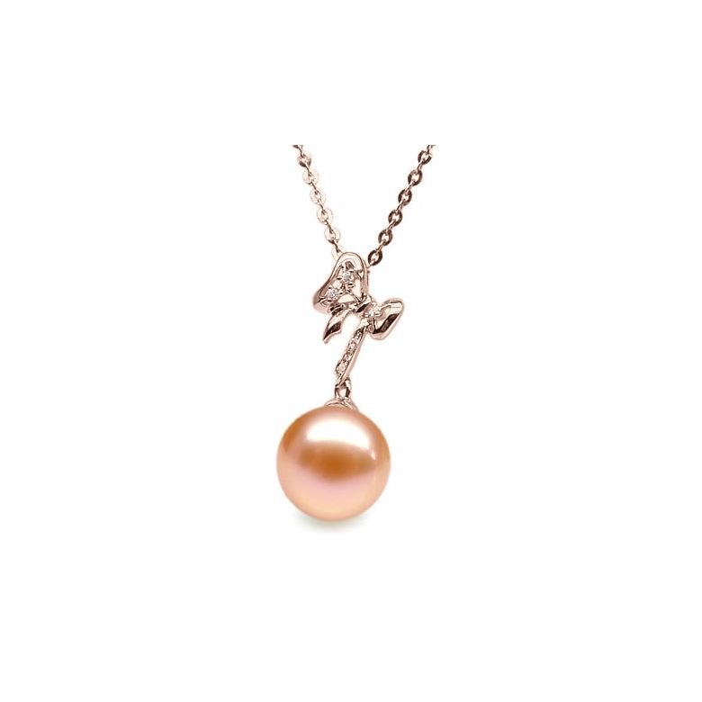 Pendentif Mon petit Noeud. Perle rose 10/10.5 mm, Diamants, Or rose - 1