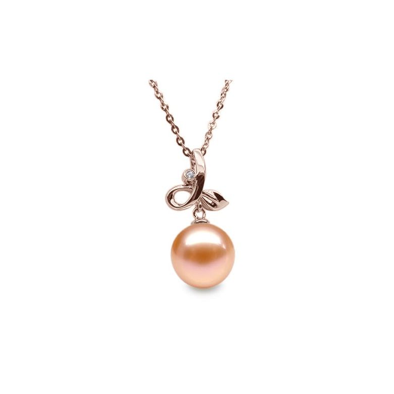 Pendentif Brindille. Perle rose 10/10.5 mm, Diamants, Or rose - 1