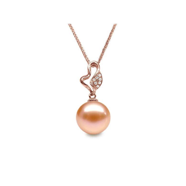 Pendentif Jeune pousse printanière. Perle rose 10/10.5 mm, Diamants, Or rose - 1