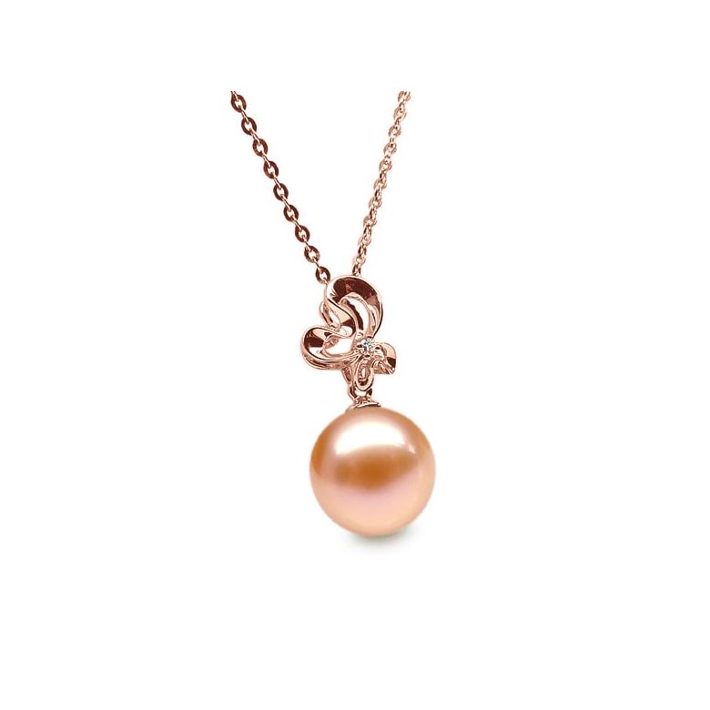 Pendentif Fleur sauvage. Perle rose 10/10.5 mm, Diamants, Or rose - 1