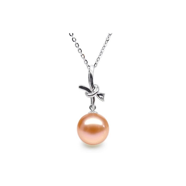 Pendentif Noeud Merveilleux. Perle rose 10/10.5 mm, Or blanc - 1