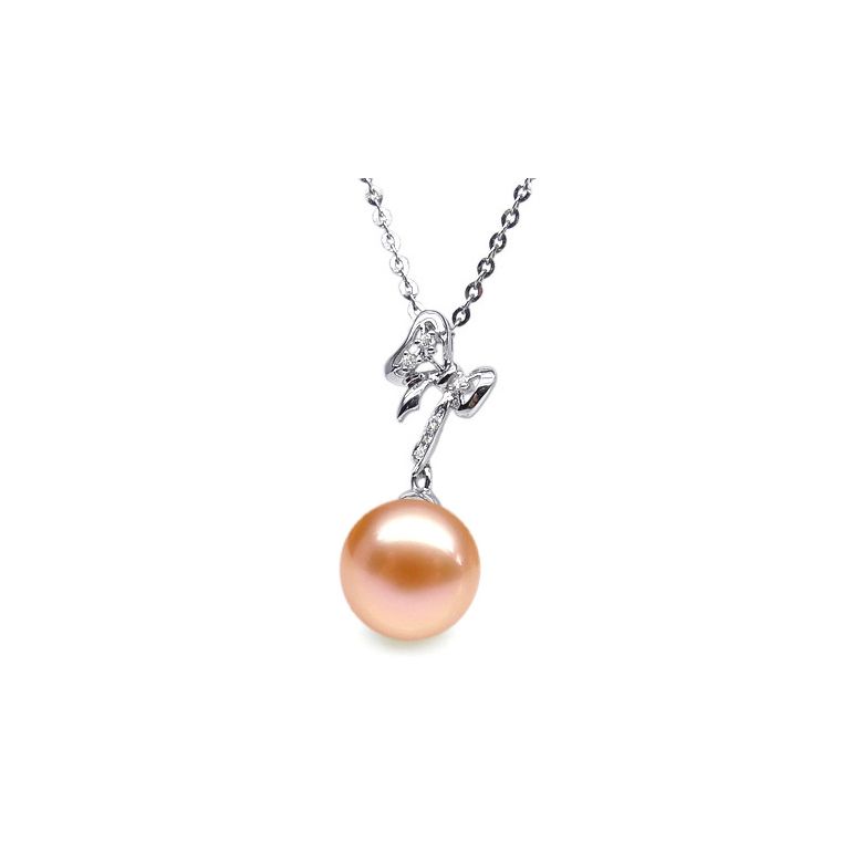 Pendentif Mon petit Noeud. Perle rose 10/10.5 mm, Diamants, Or blanc - 1