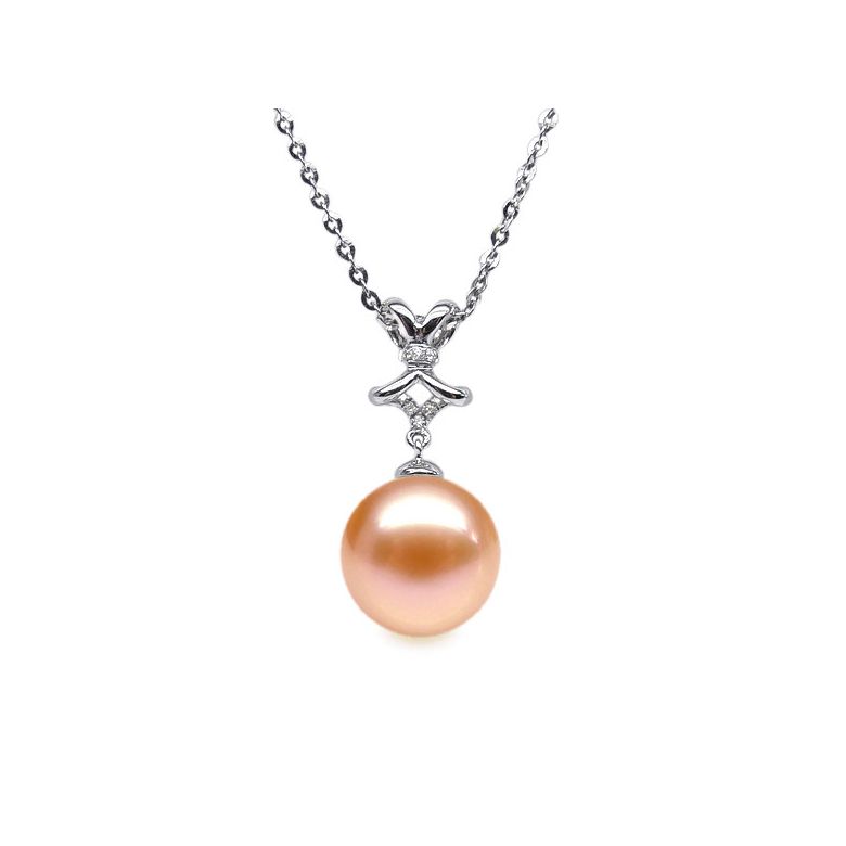 Pendentif Ganse classique. Perle rose 10/10.5 mm, Diamants, Or blanc - 1