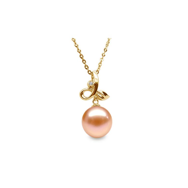 Pendentif Brindille. Perle rose 10/10.5 mm, Diamants, Or jaune - 1