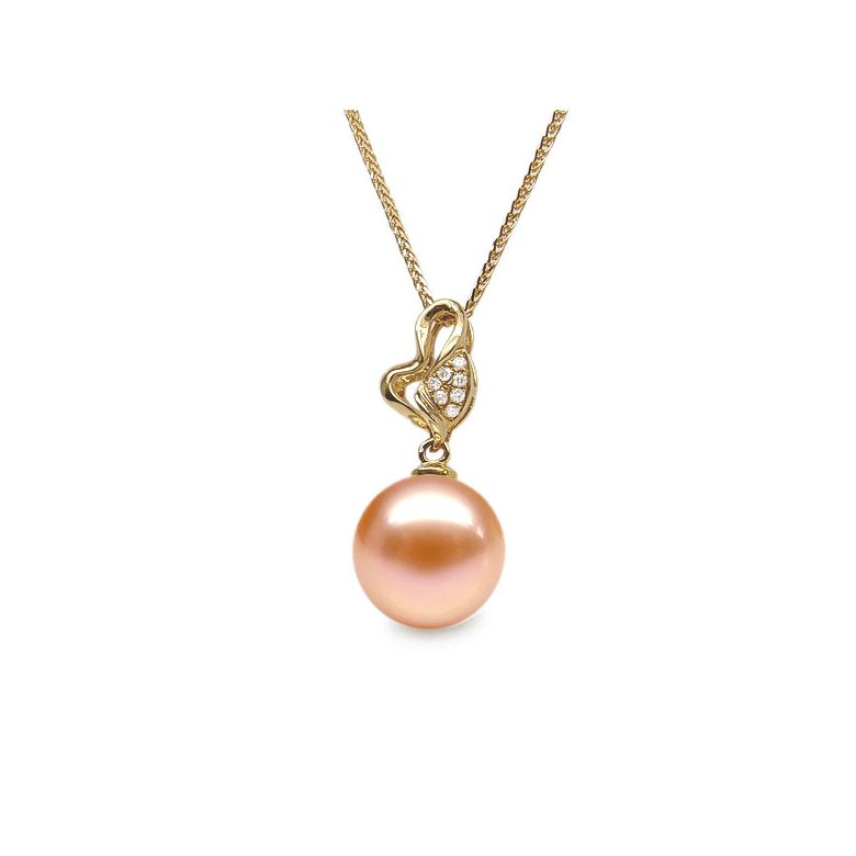 Pendentif Jeune pousse printanière. Perle rose 10/10.5 mm, Diamants, Or jaune - 1