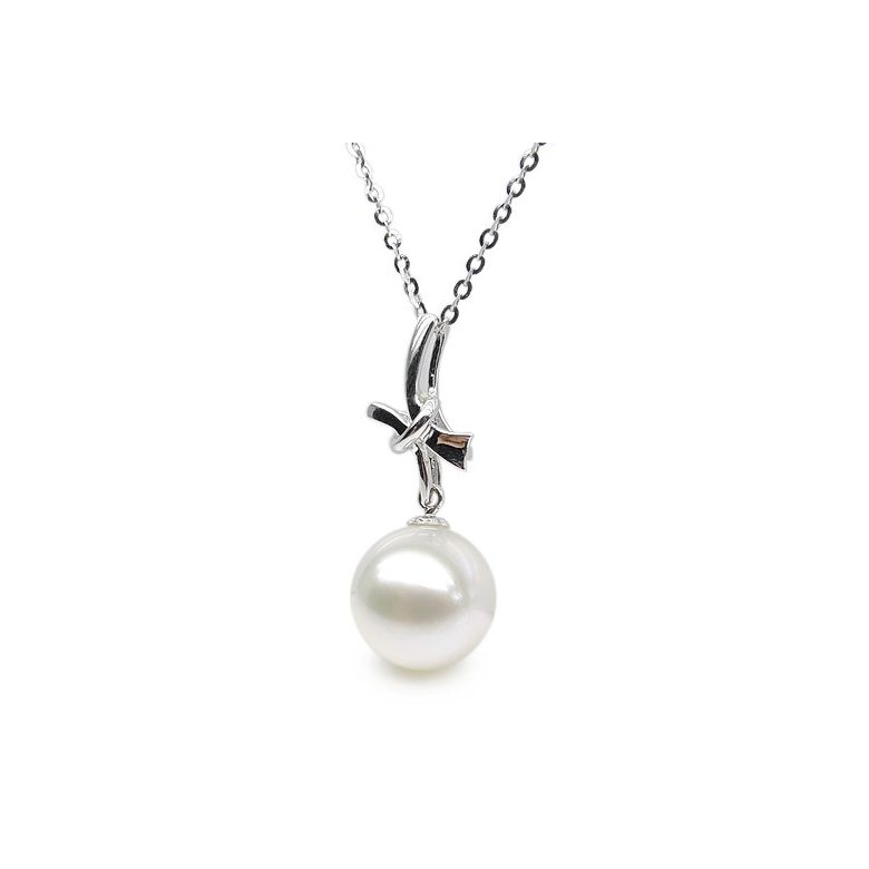 Pendentif noeud or blanc 18cts monté d'une perle d'eau douce blanche - 2