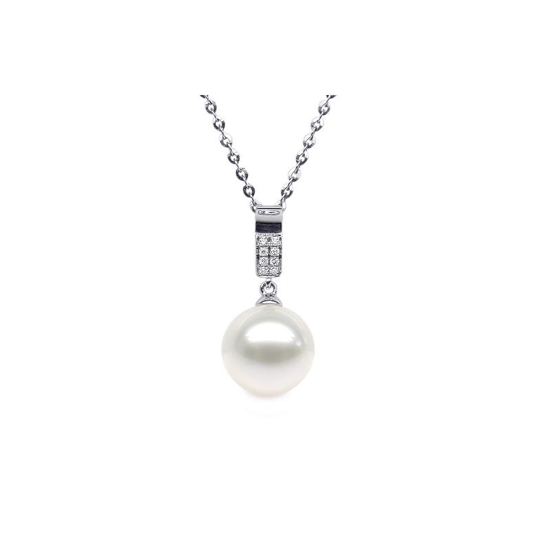Pendentif moderne pavée de 8 diamants - Or blanc, perle douce blanche - 1