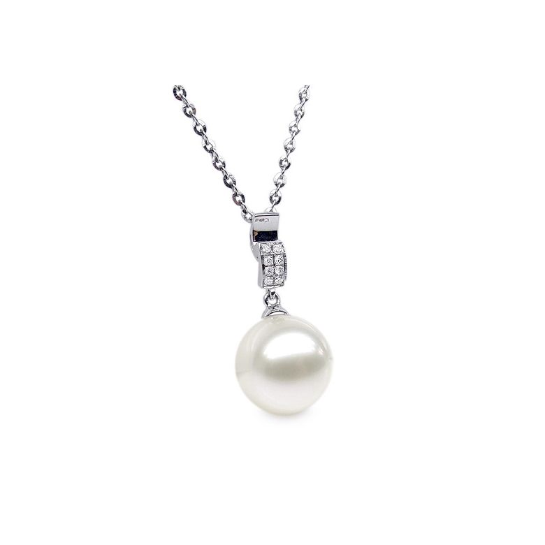 Pendentif moderne pavée de 8 diamants - Or blanc, perle douce blanche - 5