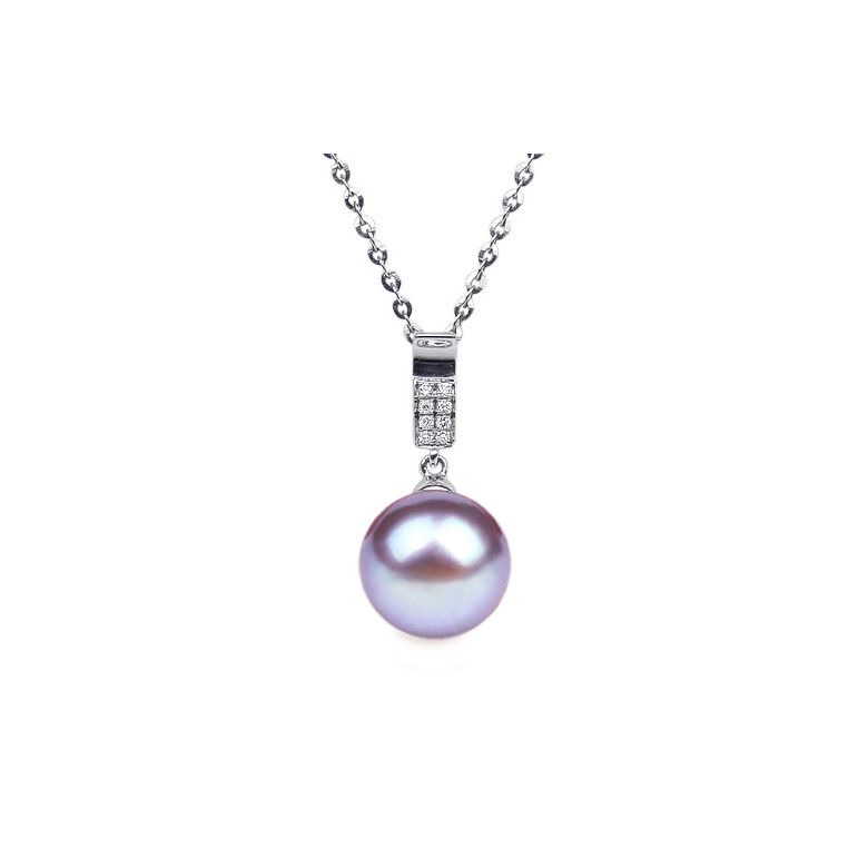 Pendentif moderne pavée de 8 diamants - Or blanc, perle douce blanche - 8