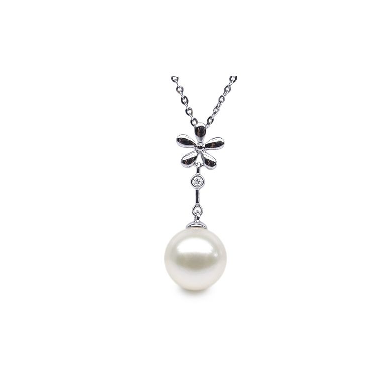 Pendentif fleur or blanc -  Perle eau douce blanche en suspension - 2