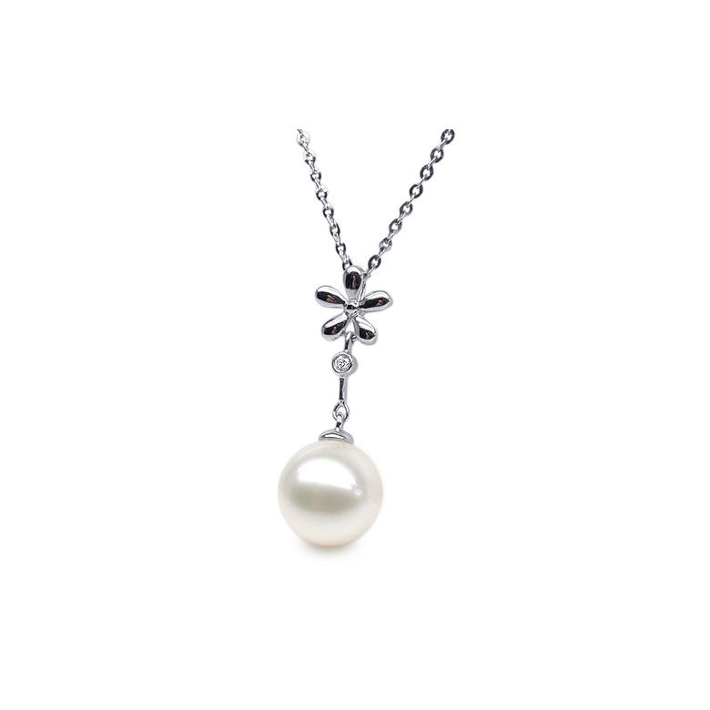 Pendentif fleur or blanc -  Perle eau douce blanche en suspension - 1