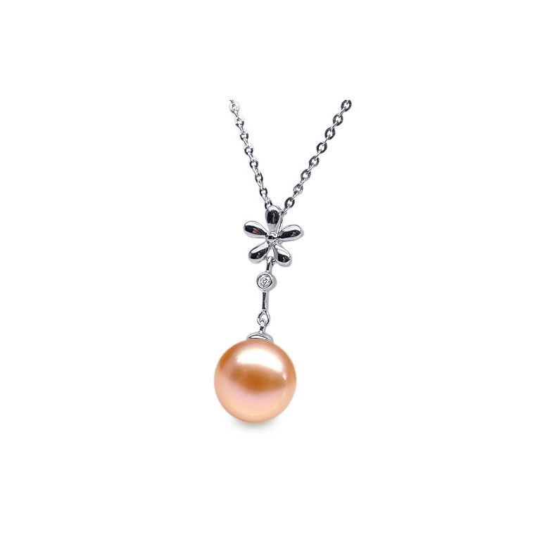 Pendentif fleur or blanc -  Perle eau douce blanche en suspension - 5
