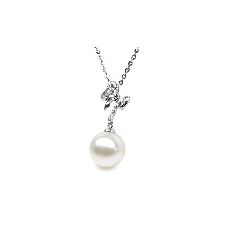 Pendentif en forme de noeuf - or blanc, diamants, perle blanche - 1
