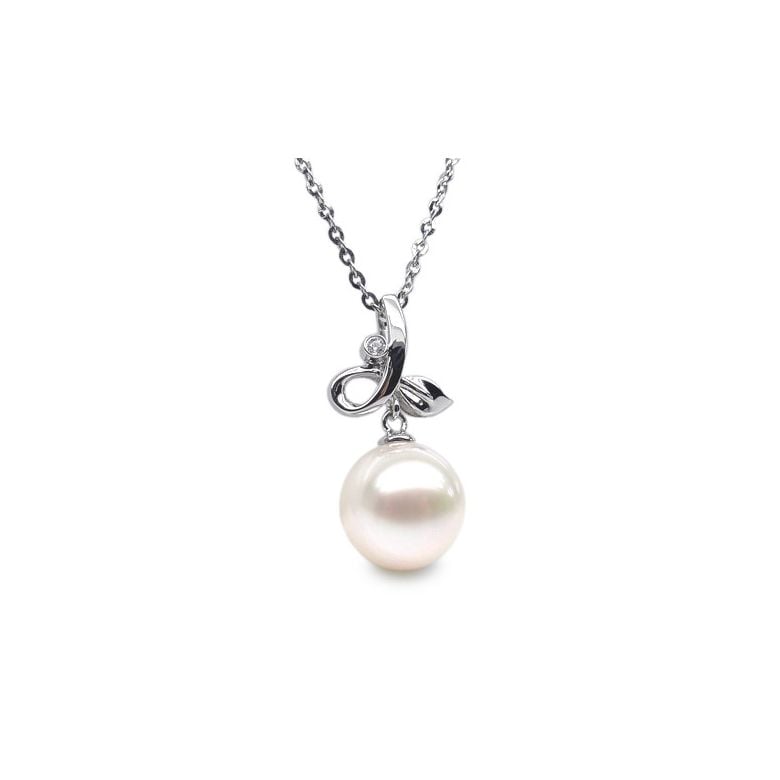 Pendentif brindille or blanc diamant clos - Perle blanche de culture - 1