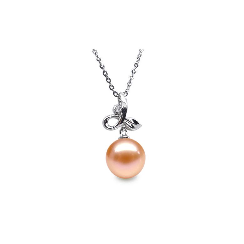 Pendentif brindille or blanc diamant clos - Perle blanche de culture - 3