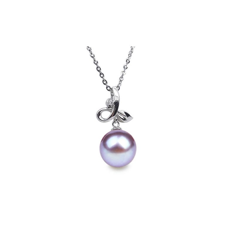 Pendentif brindille or blanc diamant clos - Perle blanche de culture - 5