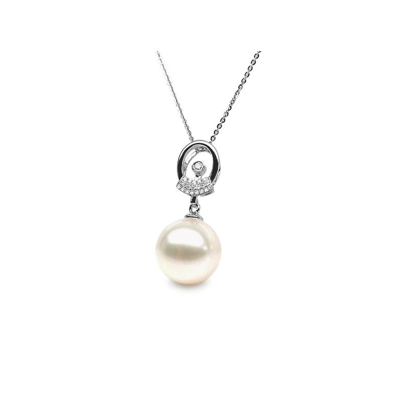 Pendentif hublot - Or blanc et perle de culture - Diamants - 1