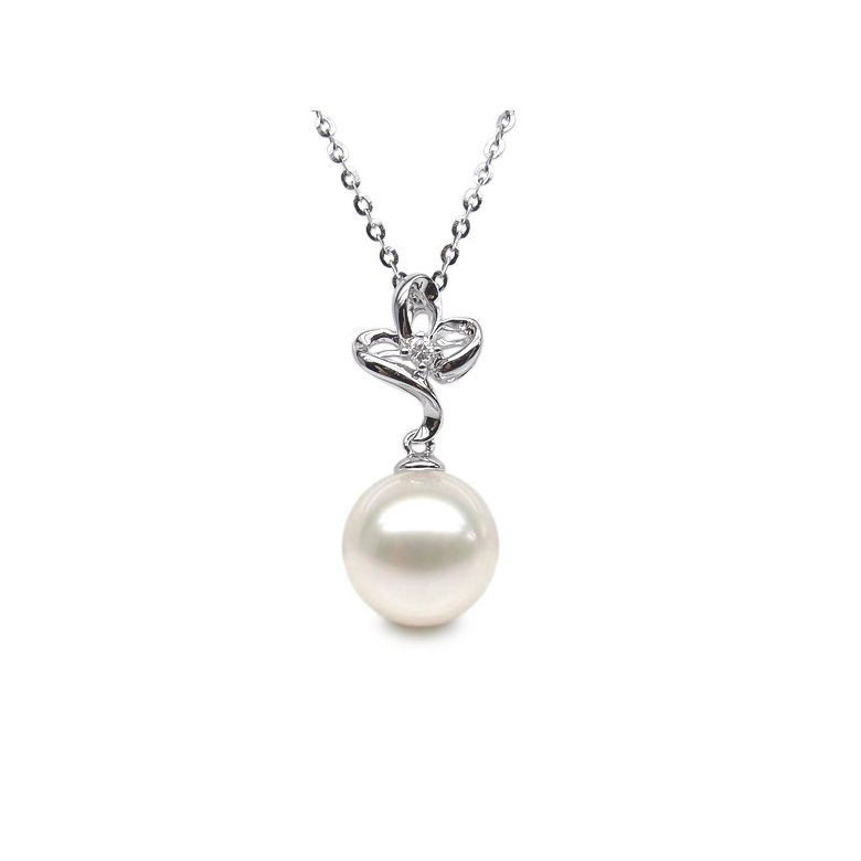 Pendentif or blanc 3 pétales de fleur - Perle de culture, diamant - 1