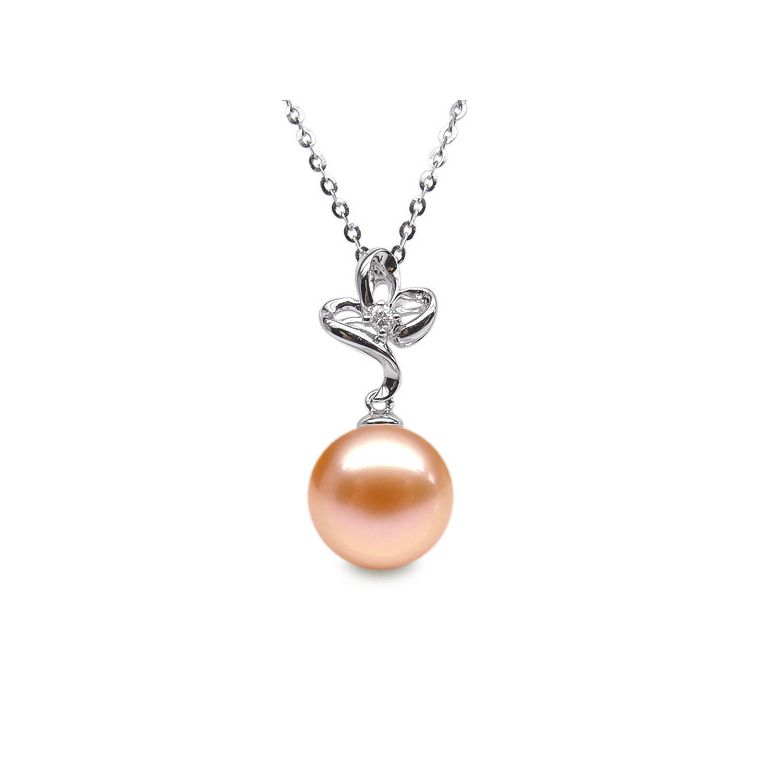 Pendentif or blanc 3 pétales de fleur - Perle de culture, diamant - 7