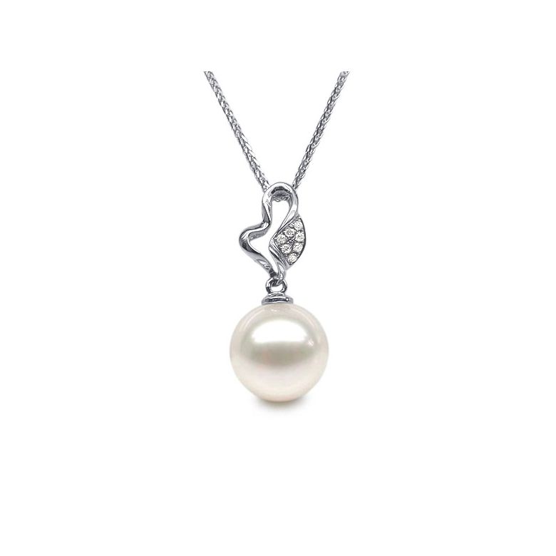 Pendentif jeune pousse printanière - Or blanc et perle - 7 diamants - 1