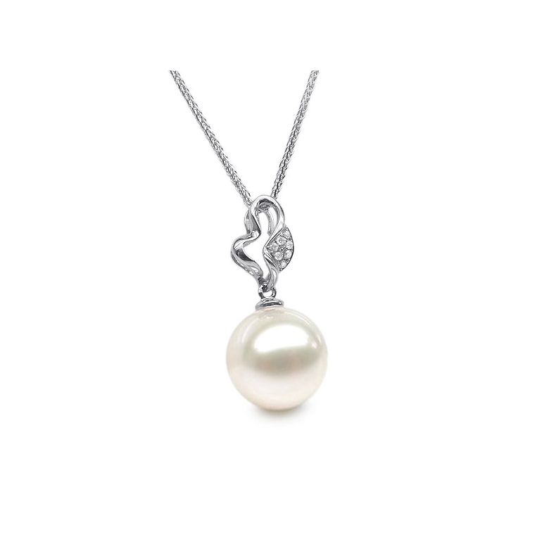 Pendentif jeune pousse printanière - Or blanc et perle - 7 diamants - 2