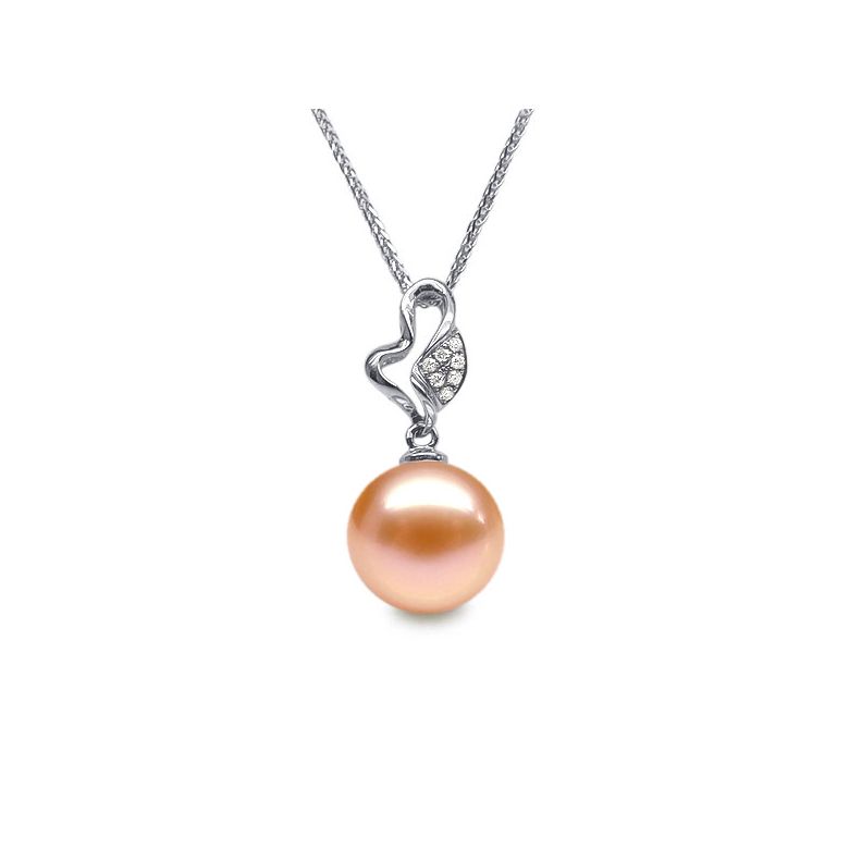 Pendentif jeune pousse printanière - Or blanc et perle - 7 diamants - 7