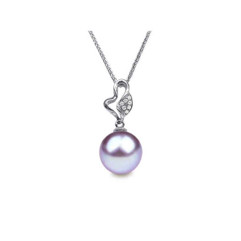 Pendentif jeune pousse printanière - Or blanc et perle - 7 diamants - 9
