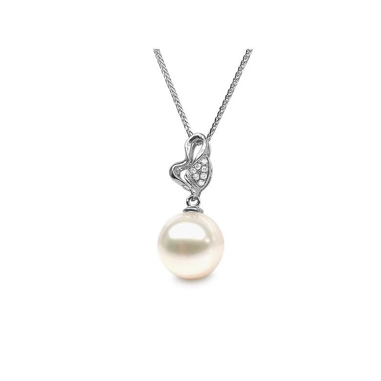 Pendentif jeune pousse printanière - Or blanc et perle - 7 diamants - 3