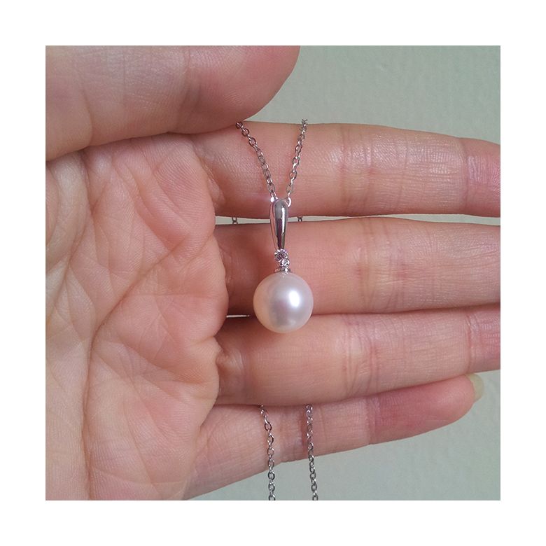 Pendentif Hainan - Tige or blanc, diamant demi clos - Perle blanche - 5