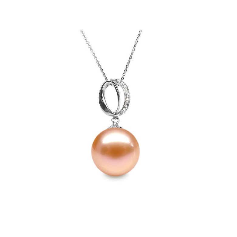 Pendentif O - Bandelette d'or blanc enroulée - Perle Chine, diamants - 2