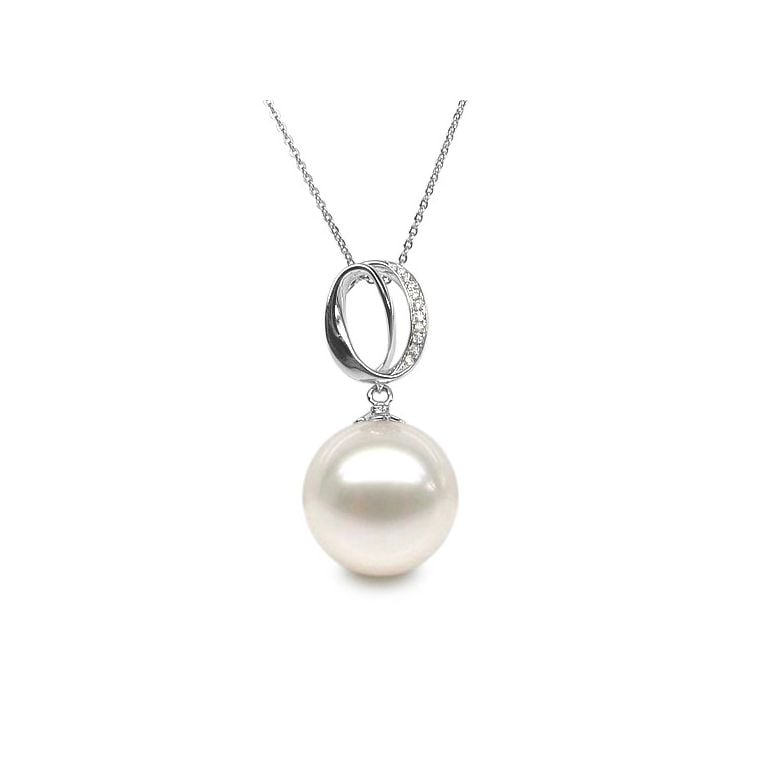 Pendentif O - Bandelette d'or blanc enroulée - Perle Chine, diamants - 1