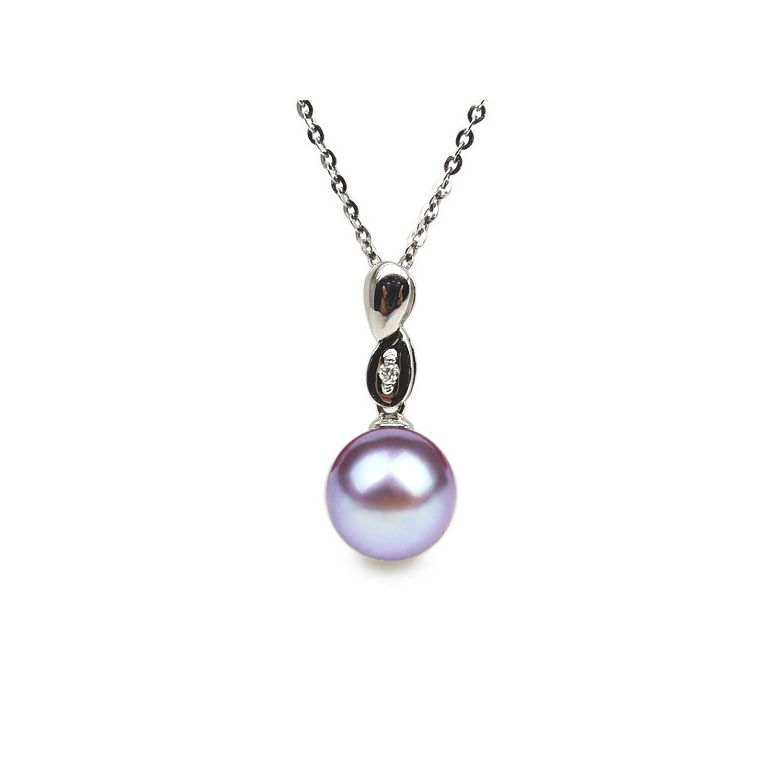 Pendentif bélière or blanc entortilée - Perle chinoise et diamant - 9