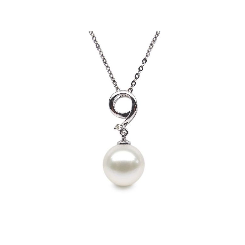 Pendentif chiffre 9 - Perle d'eau douce blanche - Or blanc, diamant - 1