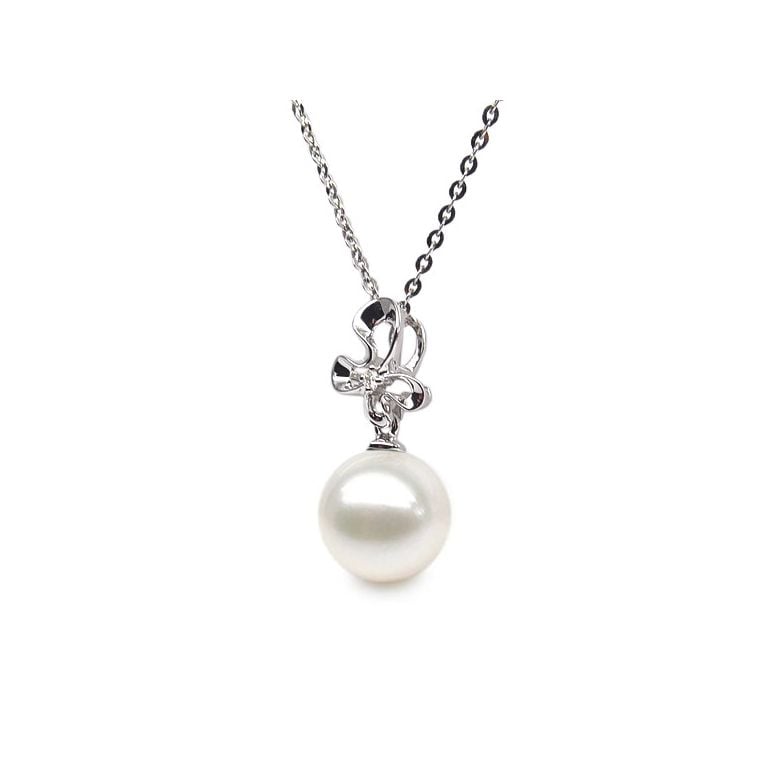 Pendentif perle fleur sauvage - 3 pétales en or blanc - Diamant - 2