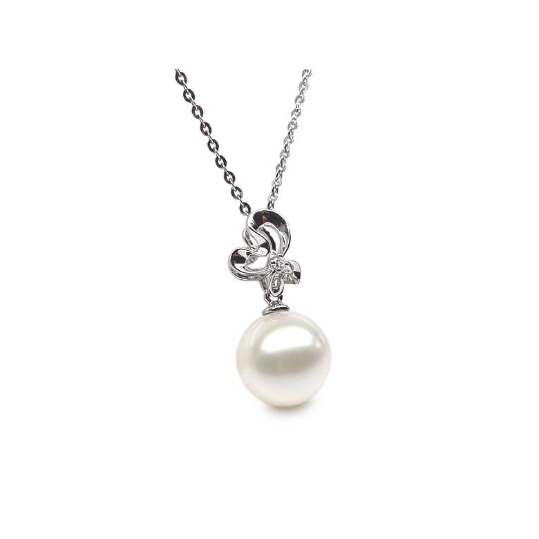 Pendentif perle fleur sauvage - 3 pétales en or blanc - Diamant - 3