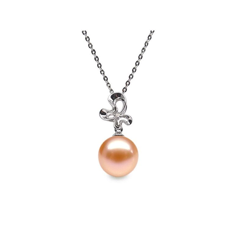 Pendentif perle fleur sauvage - 3 pétales en or blanc - Diamant - 4