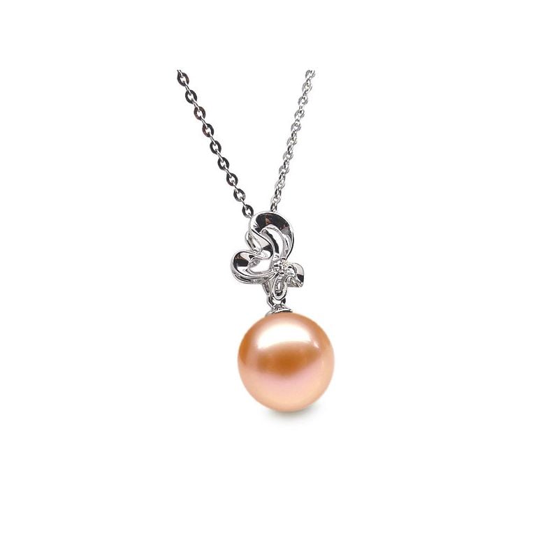 Pendentif perle fleur sauvage - 3 pétales en or blanc - Diamant - 5