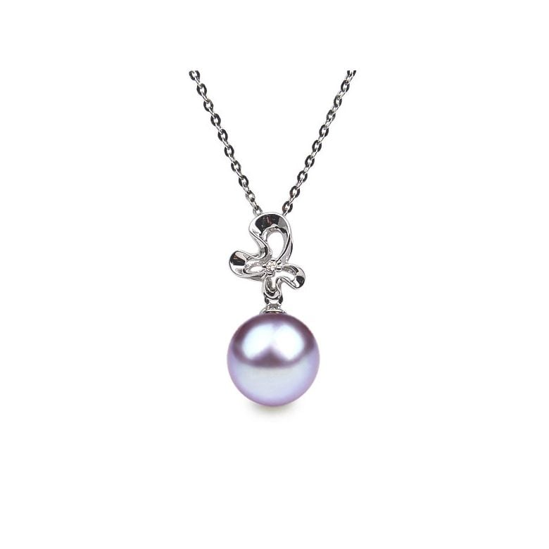 Pendentif perle fleur sauvage - 3 pétales en or blanc - Diamant - 6