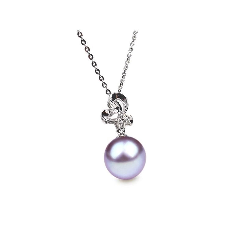 Pendentif perle fleur sauvage - 3 pétales en or blanc - Diamant - 7