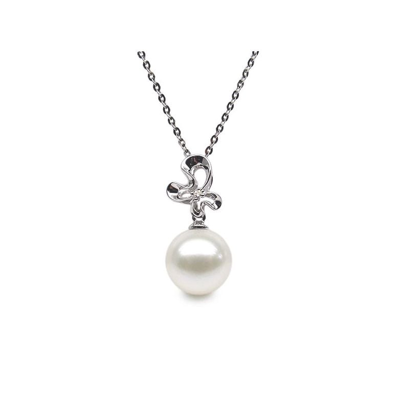 Pendentif perle fleur sauvage - 3 pétales en or blanc - Diamant - 1