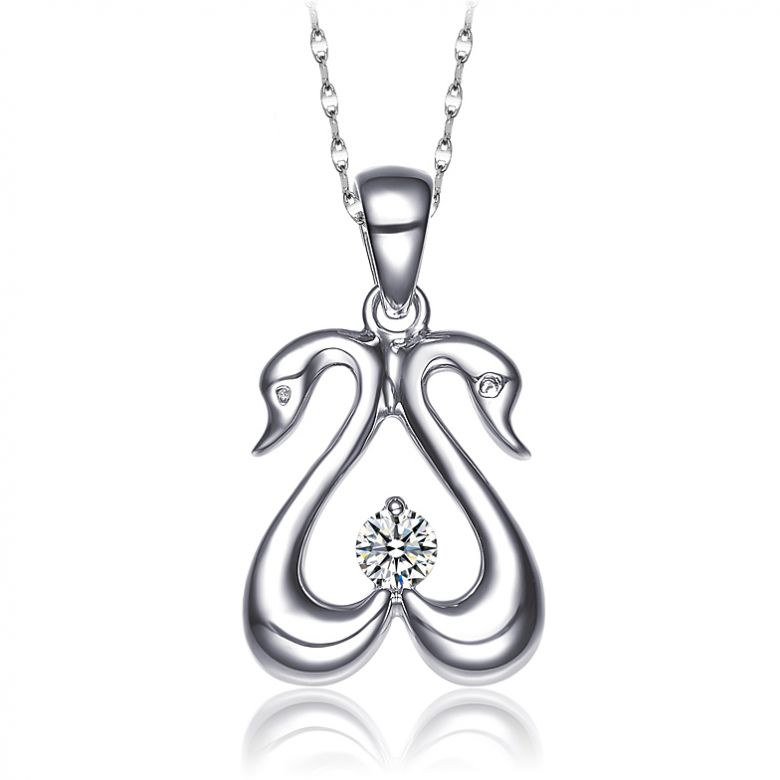 Pendentif couple de cygnes - Diamant 0.10ct, or blanc - 1