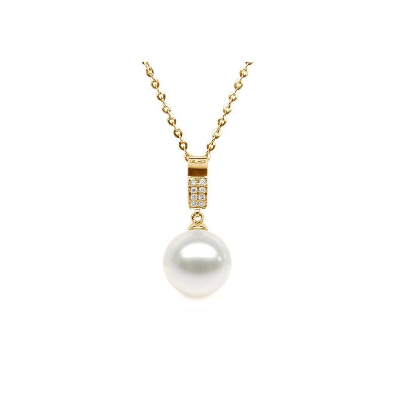 Pendentif bélière pavée 8 diamants - Or jaune, perle culture blanche - 5