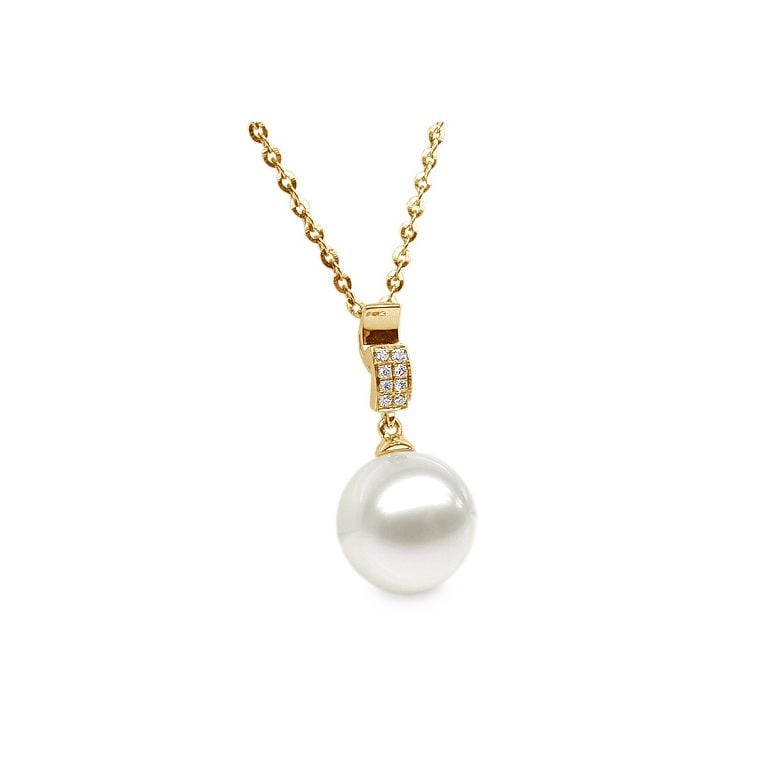 Pendentif bélière pavée 8 diamants - Or jaune, perle culture blanche - 1