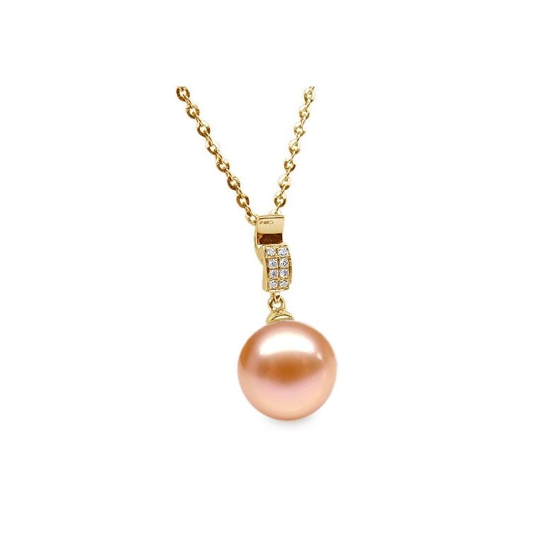 Pendentif bélière pavée 8 diamants - Or jaune, perle culture blanche - 6