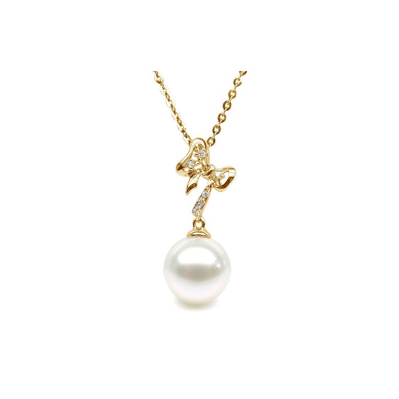 Pendentif noeud papillon or jaune - Perle eau douce blanche, diamant - 1