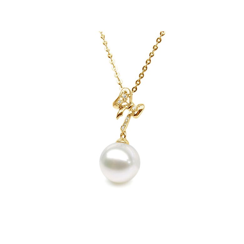 Pendentif noeud papillon or jaune - Perle eau douce blanche, diamant - 3